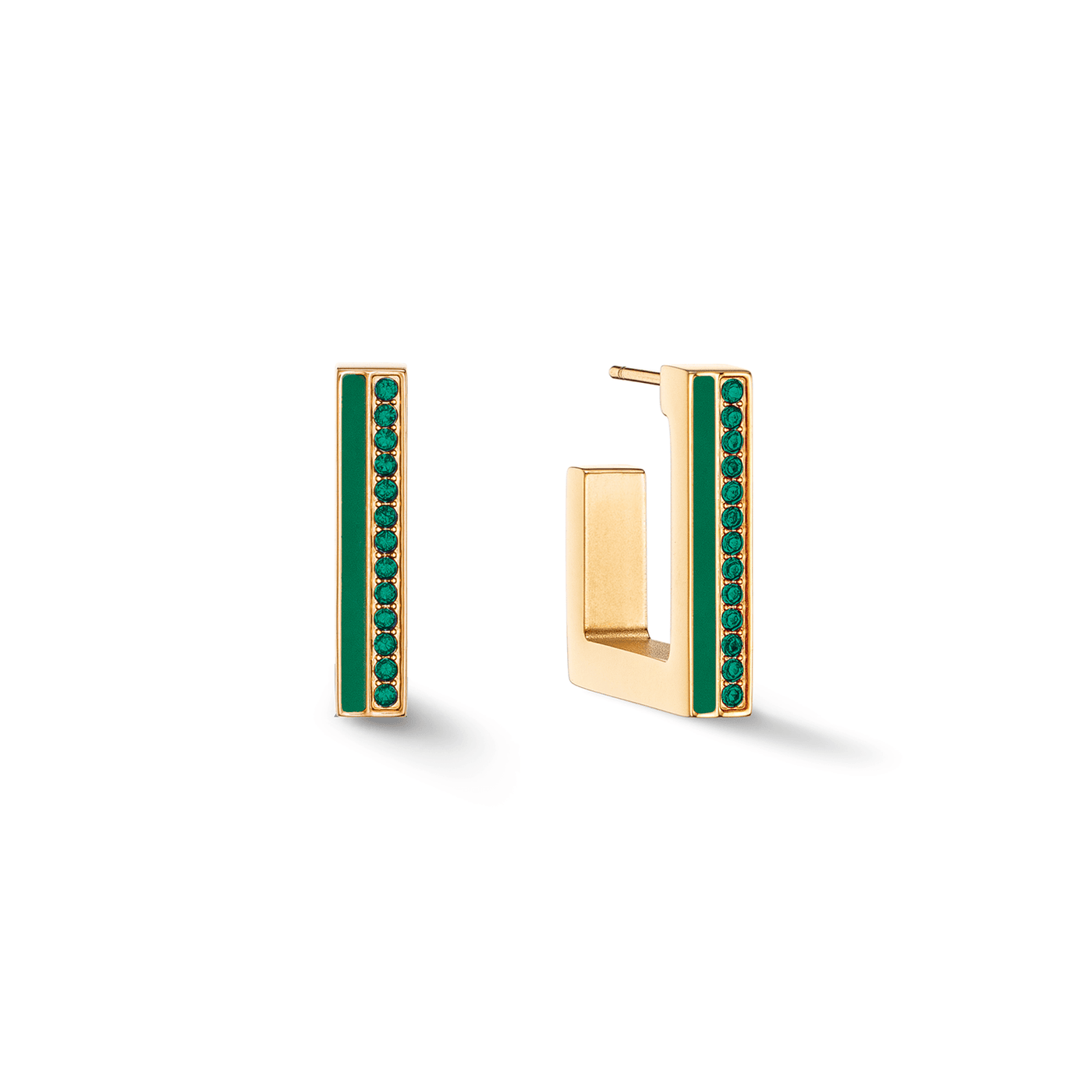 Coeur De Lion Gold and Green Crystal Stripe Square Hoop Earrings - Rococo Jewellery