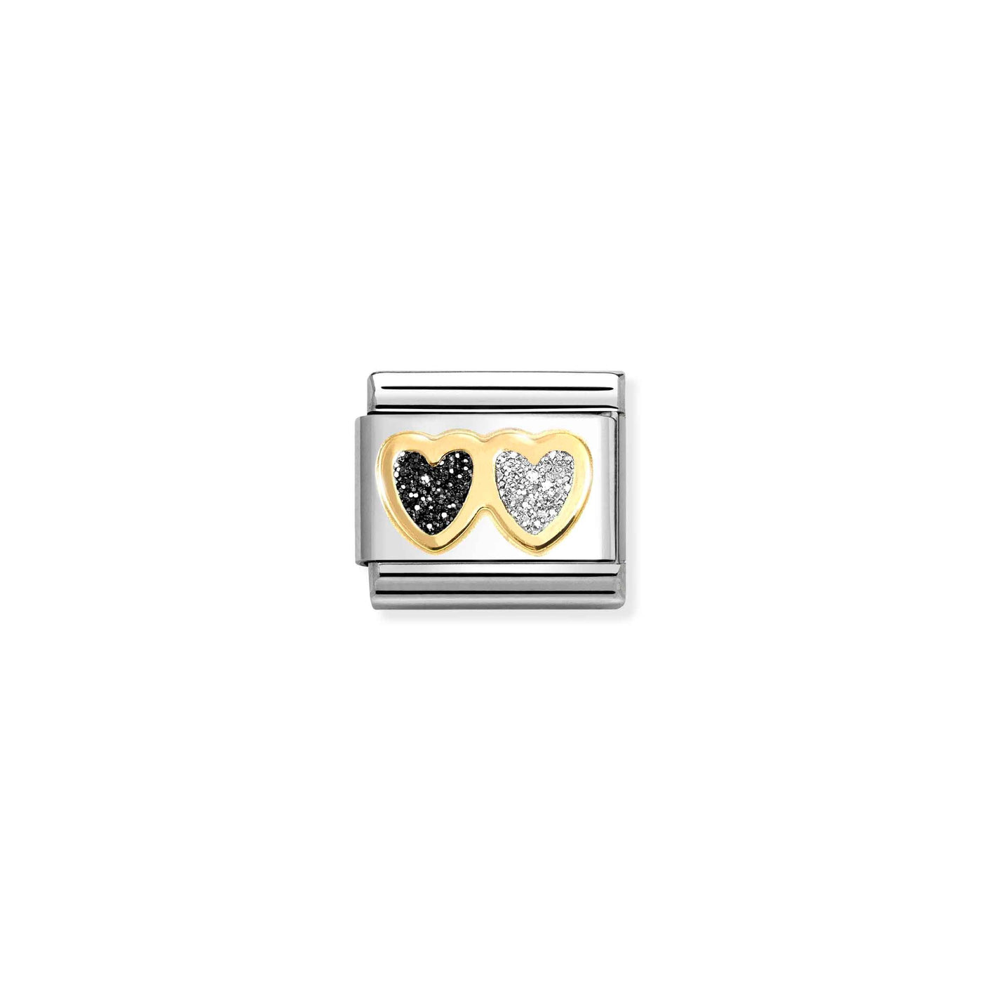 Nomination Classic Gold Black & Silver Glitter Double Heart Charm - Rococo Jewellery