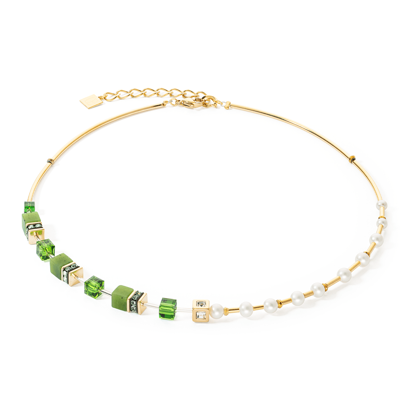 Coeur De Lion GeoCUBE® Fusion Gold Green and Pearl Necklace - Rococo Jewellery