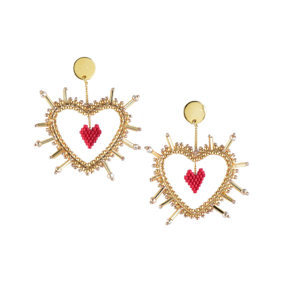 Mishky Sacred Heart Gold/Red Beaded Earrings