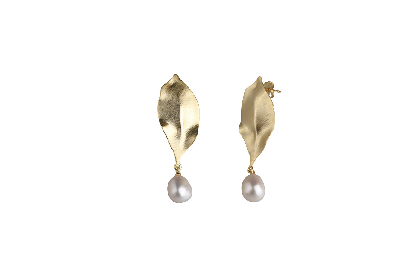 Gold Textured Leaf Pearl Drop Earrings