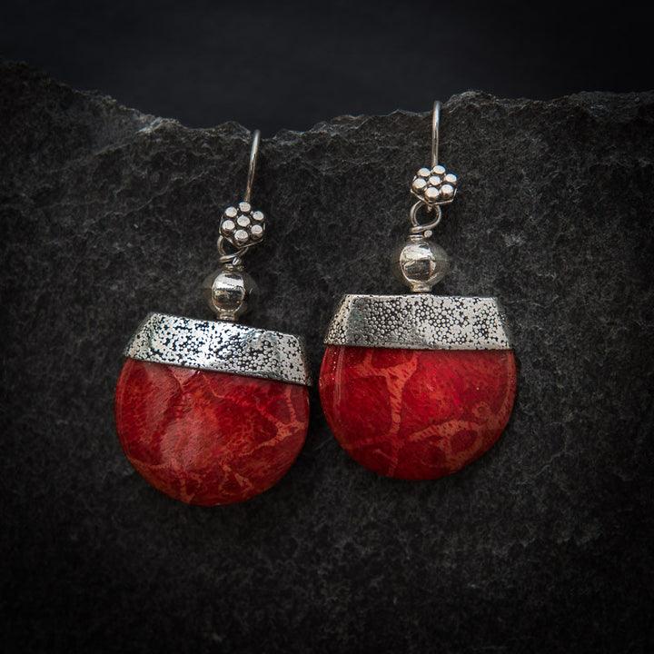 Sterling Silver and Bamboo Red Coral Drop Earrings - Rococo Jewellery