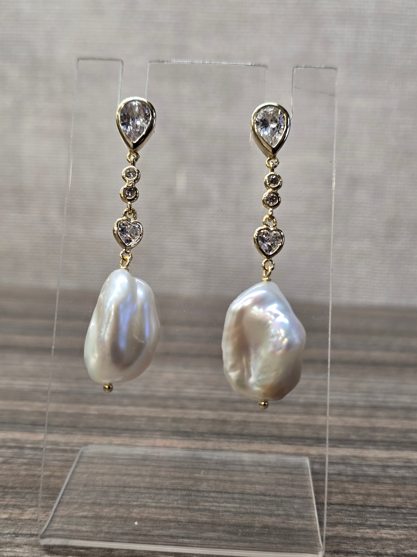 Gold Vermeil Pear Shape Cubic Zirconia Flat Pearl Drop Earrings