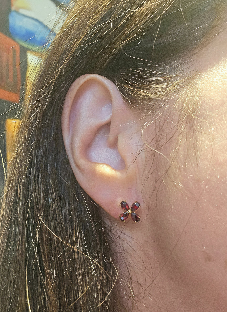 Gold Vermeil Garnet Flower Stud Earrings