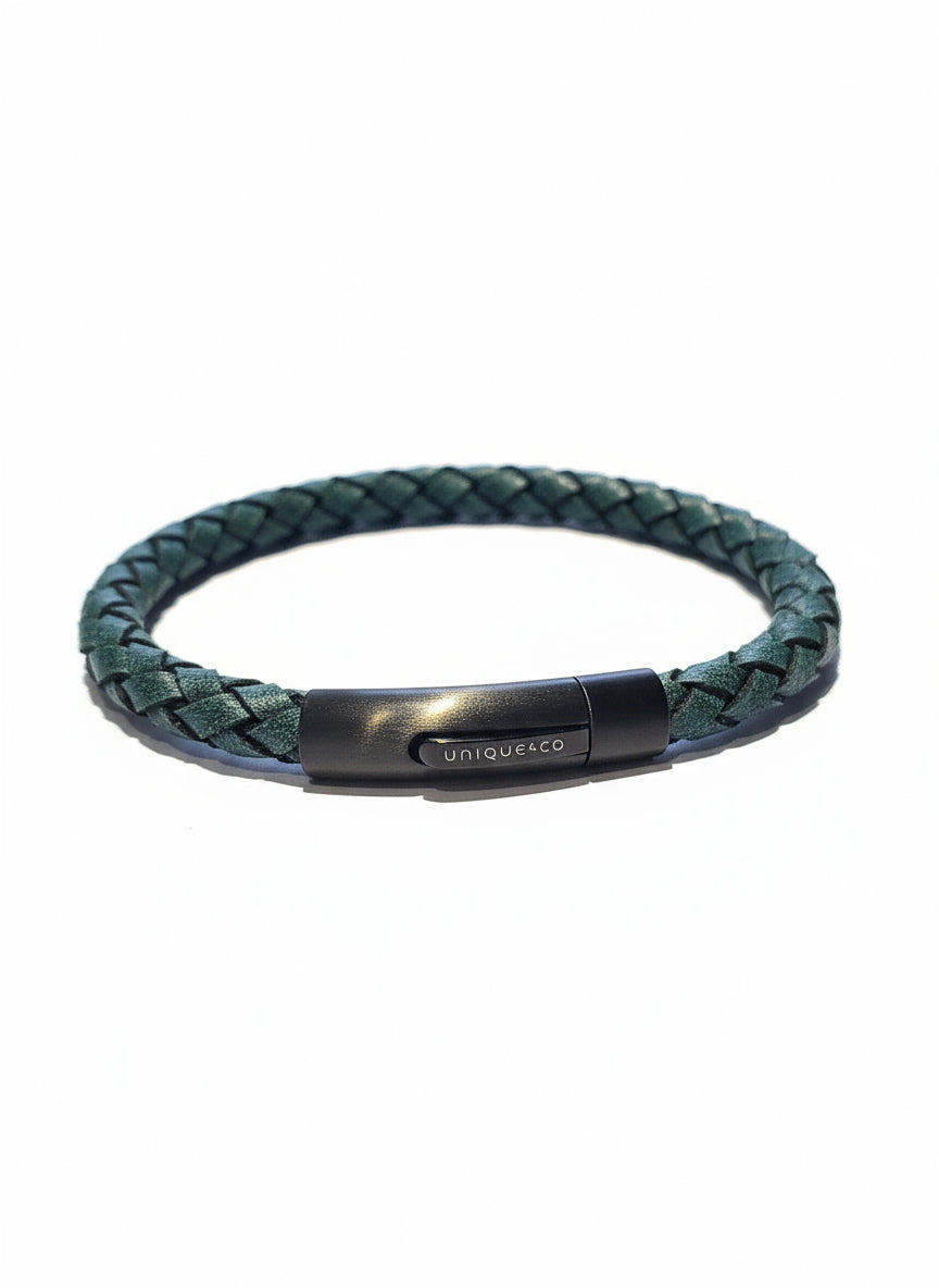 Unique & Co Steel Pine Green Black Edge Leather Bracelet