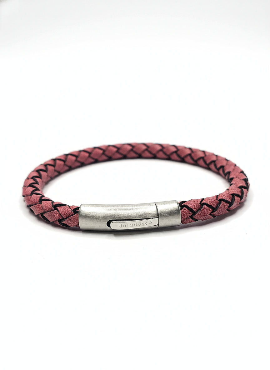 Unique & Co Steel Pink Red Leather Black Edge Bracelet