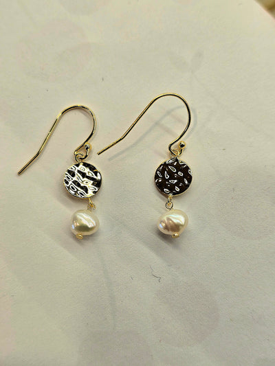 Sterling Silver Pearl Hammered Disc Earrings