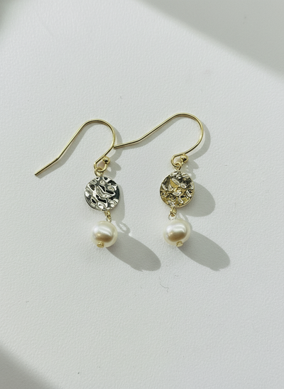 Sterling Silver Pearl Hammered Disc Earrings
