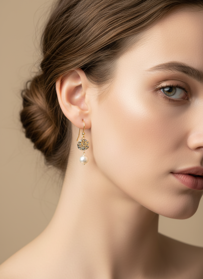 Sterling Silver Pearl Hammered Disc Earrings