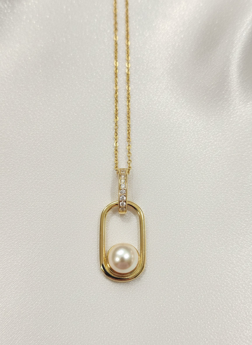Gold Vermeil Pearl Cubic Zirconia Rectangle Pendant Necklace