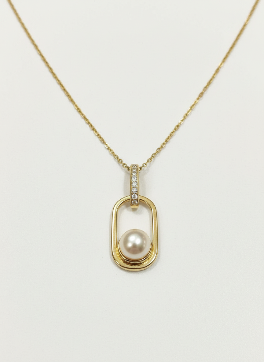 Gold Vermeil Pearl Cubic Zirconia Rectangle Pendant Necklace