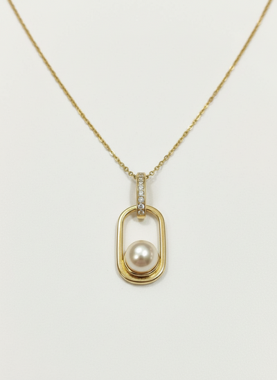 Gold Vermeil Pearl Cubic Zirconia Rectangle Pendant Necklace