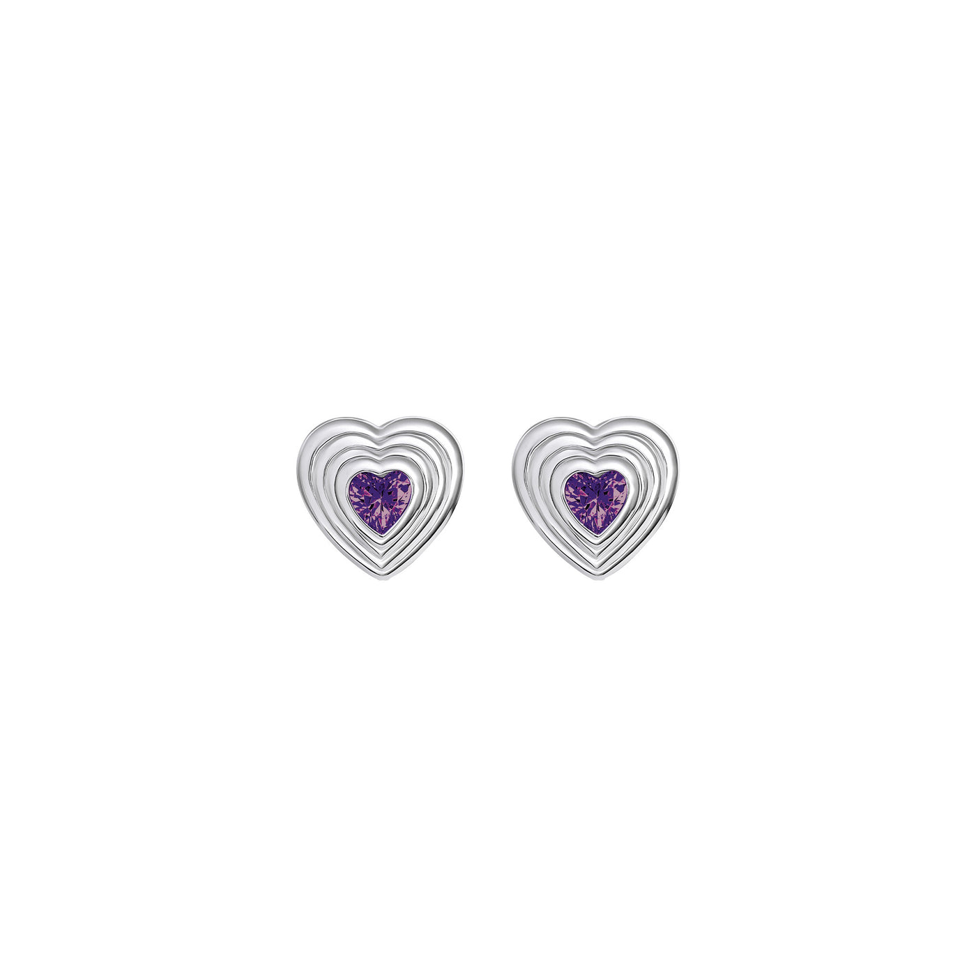 Sterling Silver Purple Zirconia Ridged Heart Stud Earrings