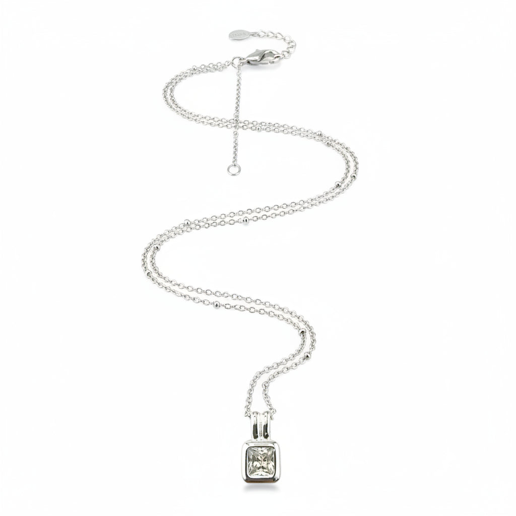 Sterling Silver Cubic Zirconia Square Pendant Necklace