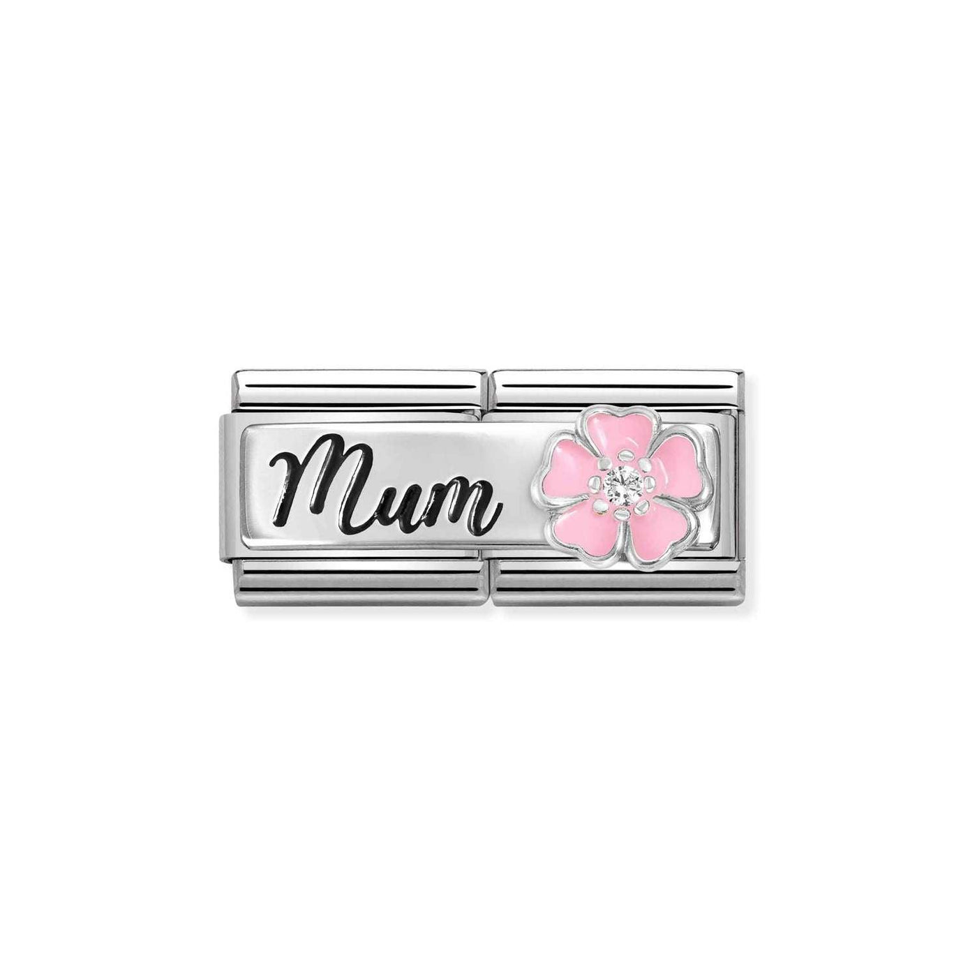 Nomination Silver Double Link Charm with Mum and Pink Flower - Rococo Jewellery