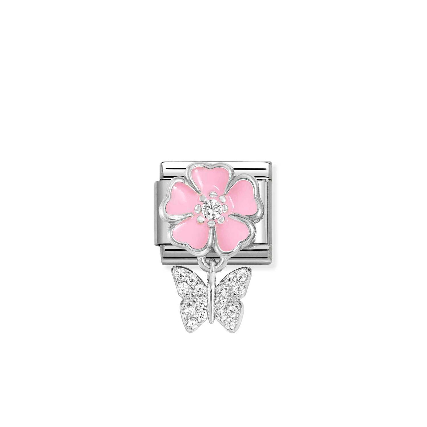 Nomination Classic Silver Zirconia Pink Flower Butterfly Drop Charm