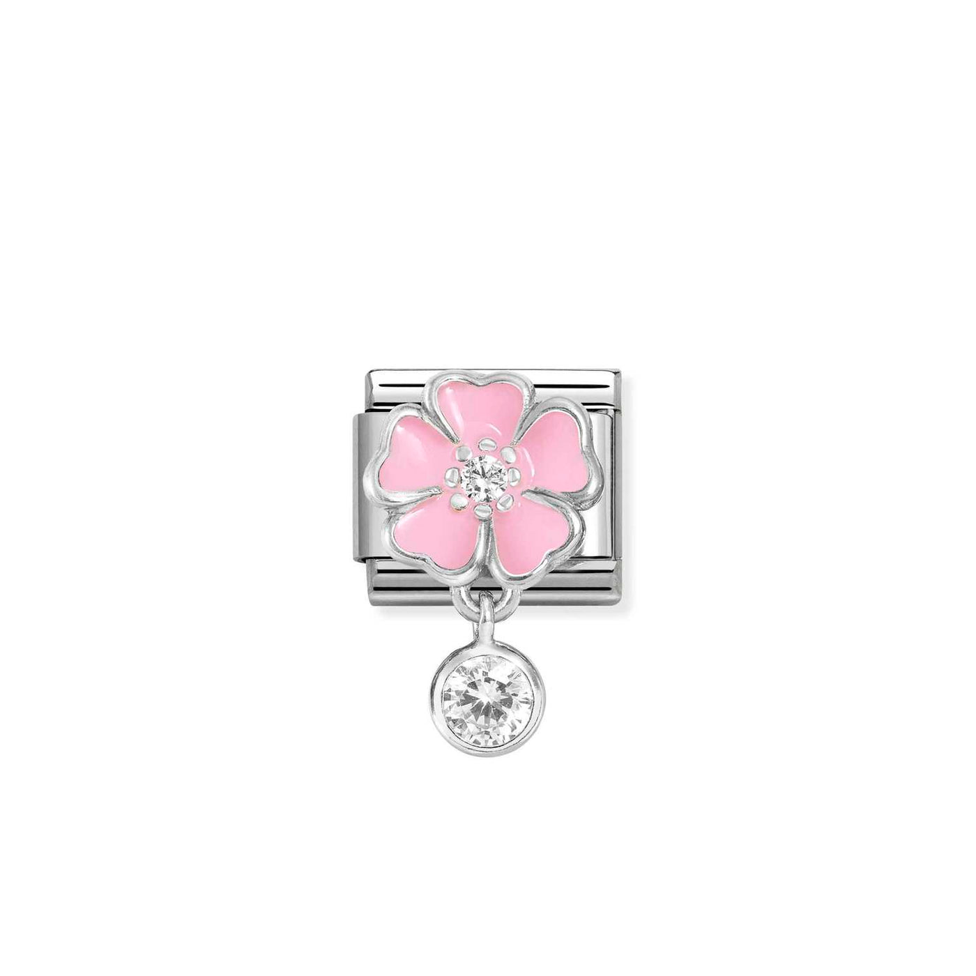 Nomination Classic Silver Zirconia Pink Flower with Round Drop Charm
