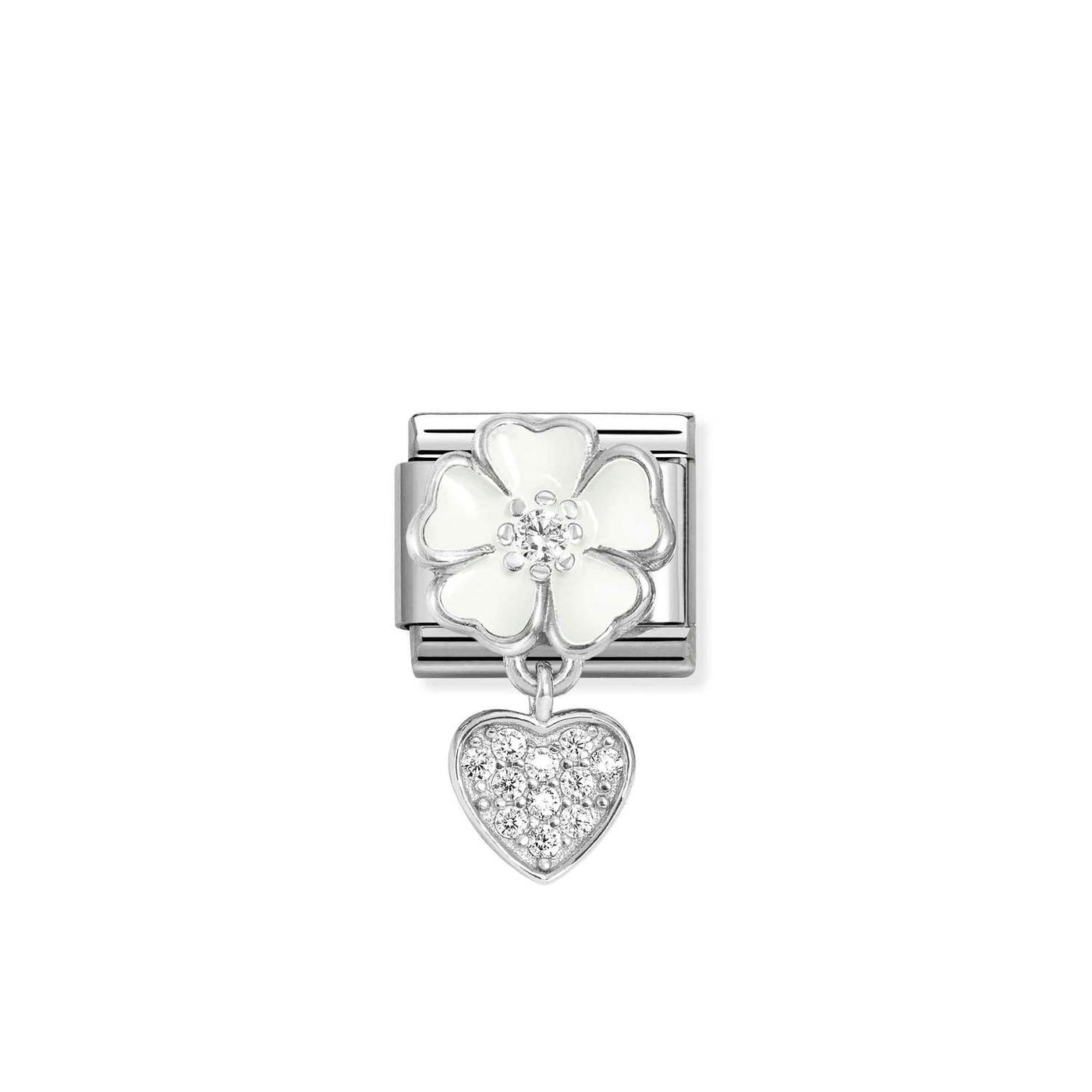Nomination Classic Silver Zirconia White Flower Heart Drop Charm