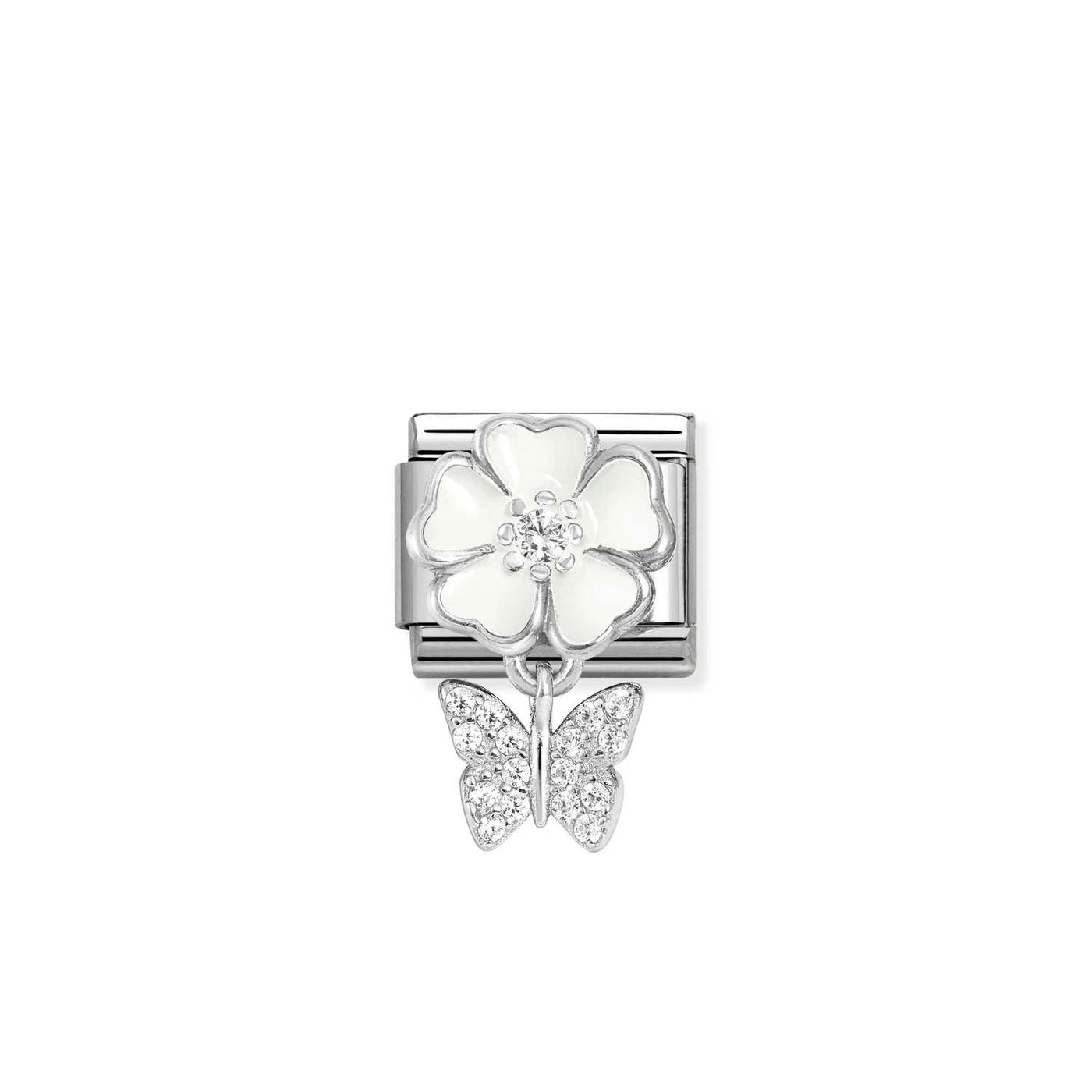 Nomination Classic Silver Zirconia White Flower Butterfly Drop Charm