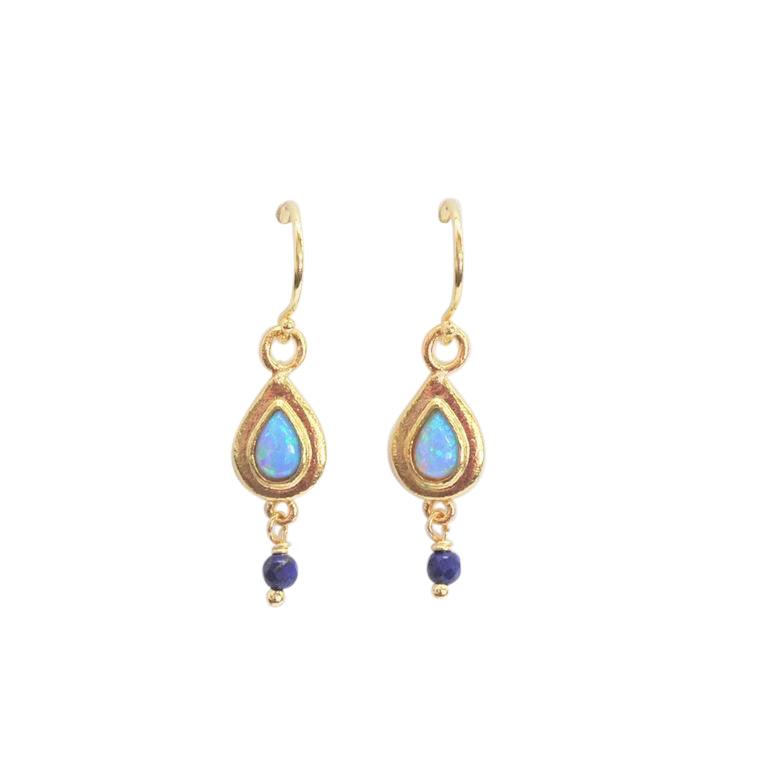 Gold Vermeil Delicate Opal and Lapis Drop Earrings - Rococo Jewellery
