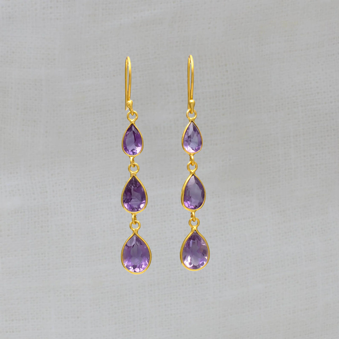 18ct Gold Vermeil Amethyst Teardrop Triple Drop Earrings