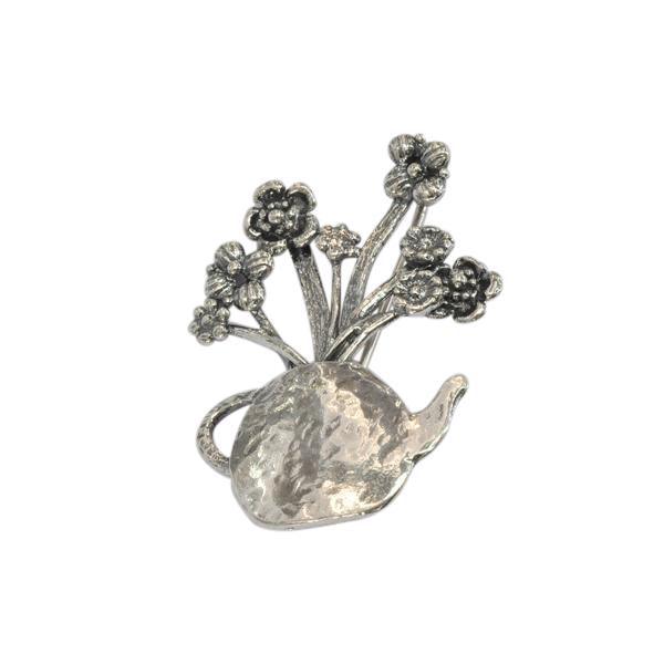 Silver Teapot Flower Brooch - Rococo Jewellery