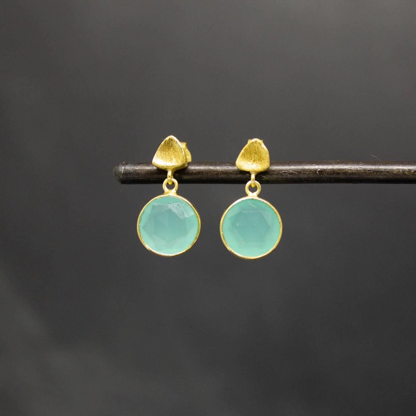 18ct Gold Vermeil Round Aqua Chalcedony Drop Earrings