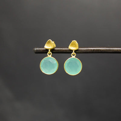 18ct Gold Vermeil Round Aqua Chalcedony Drop Earrings