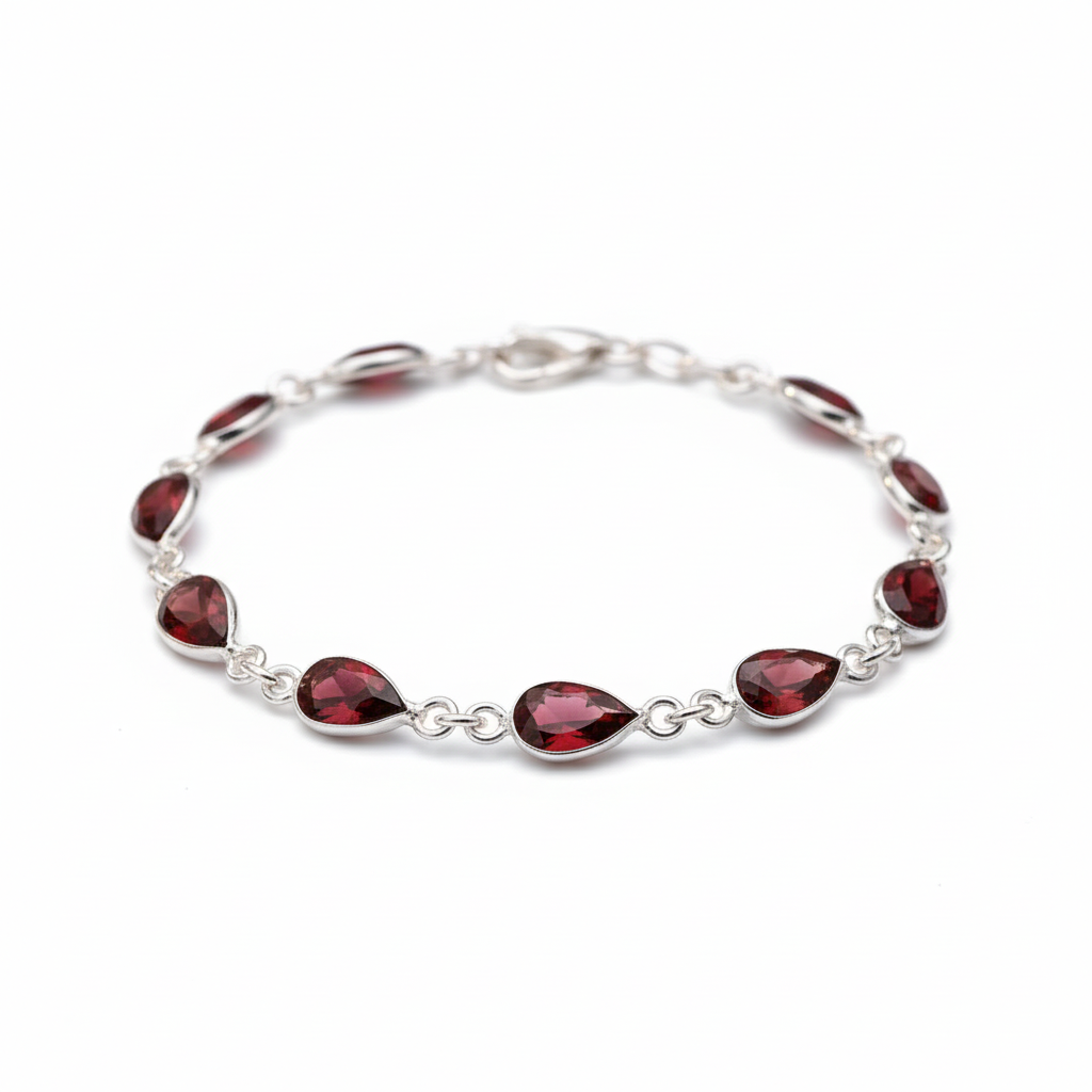 Sterling Silver Garnet Facet Teardrop Bracelet
