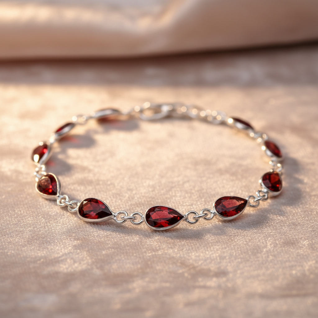 Sterling Silver Garnet Facet Teardrop Bracelet