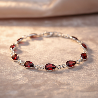 Sterling Silver Garnet Facet Teardrop Bracelet