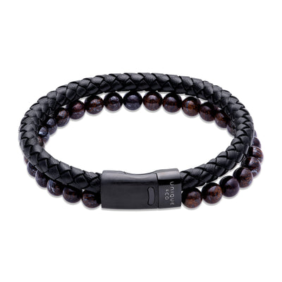 Unique & Co Antique Tiger's Eye and Black IP Dark Brown Two Row Leather Bracelet - Rococo Jewellery