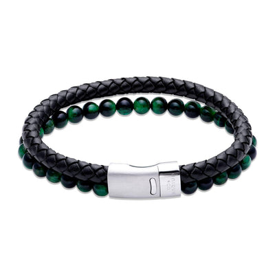 Unique & Co Black Leather Bracelet with Green Tiger's Eye - Rococo Jewellery