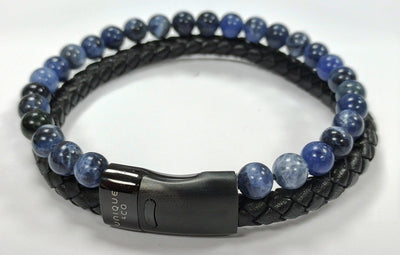 Unique & Co Double Row Black Leather & Blue Beads Bracelet - Rococo Jewellery
