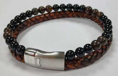Unique & Co Antique Dark Brown Black Onyx/Brown Tiger's Eye Leather Bracelet - Rococo Jewellery