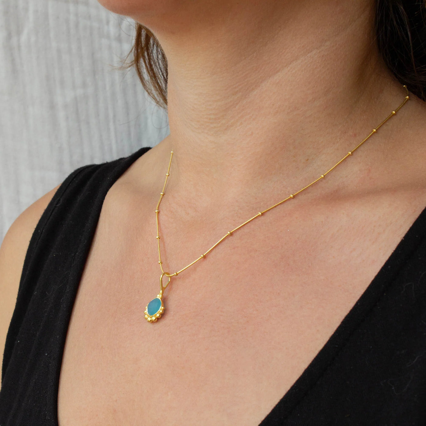 18ct Gold Vermeil Dot Blue Chalcedony Pendant Necklace