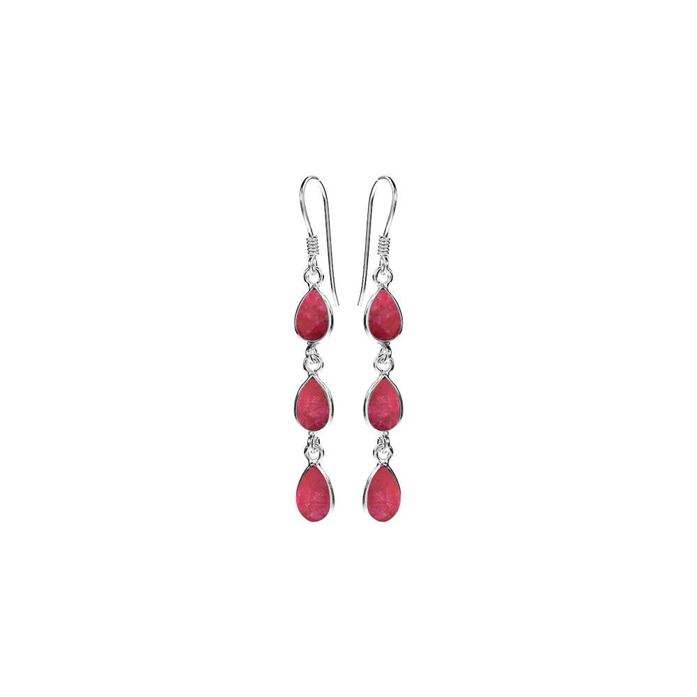 Silver Triple Teardrop Bezel-Set Ruby Quartz Earrings