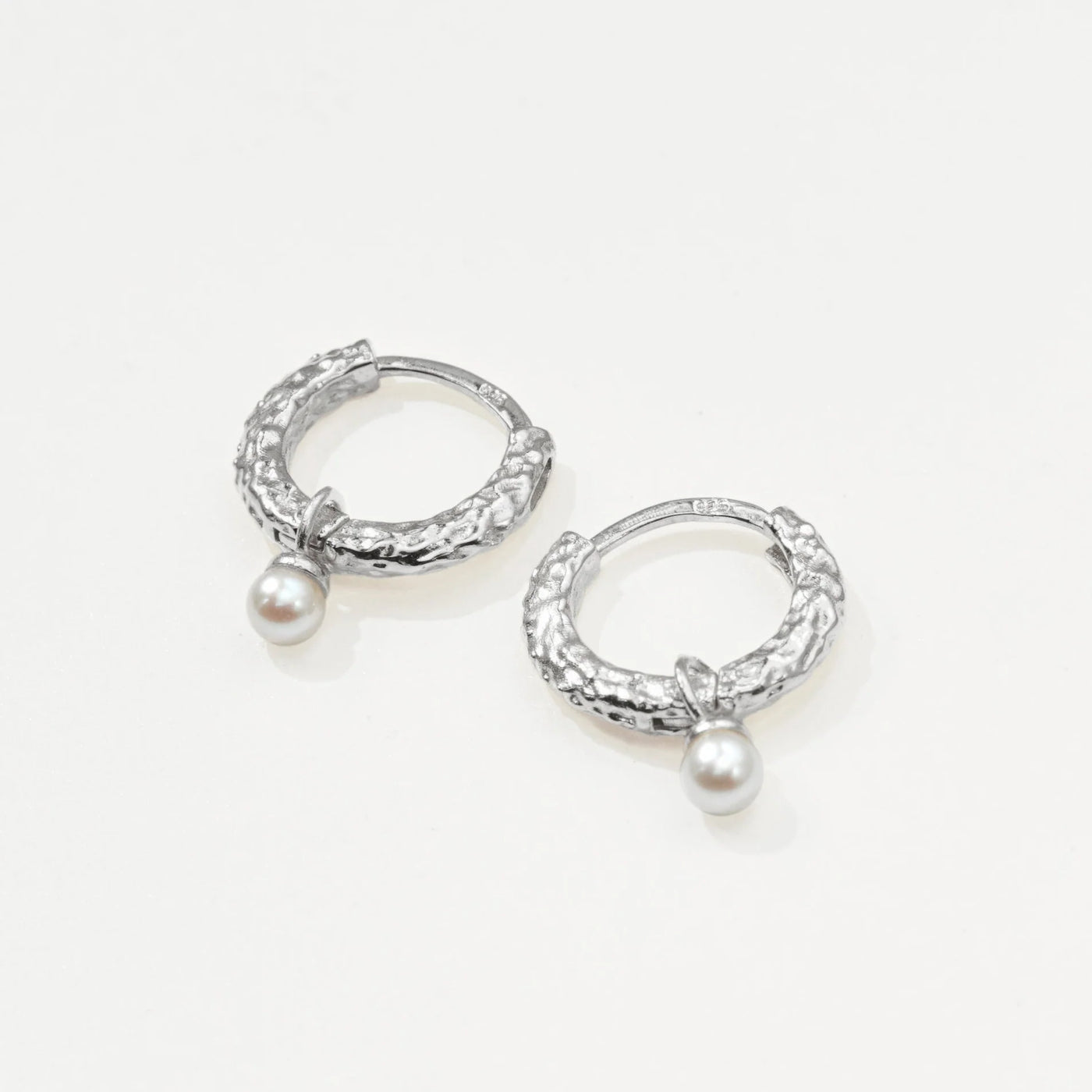 Sterling Silver Pearl Hammered Huggie Earrings