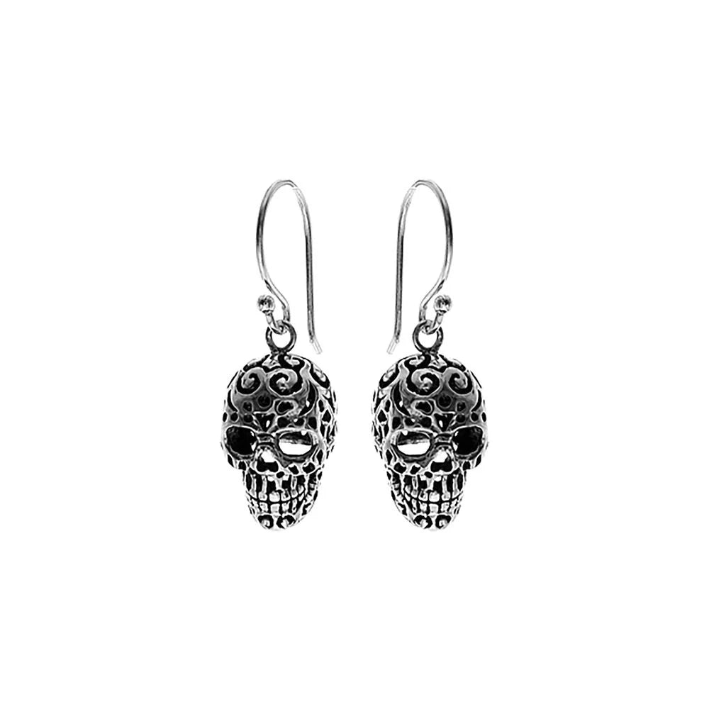 Silver Small Antique Look Ornate Cut-Out Skull Earrings