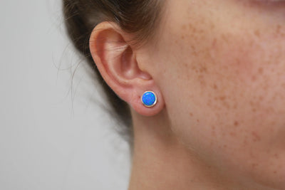 Lavan Sterling Silver Dark Blue Opal Round Stud Earrings