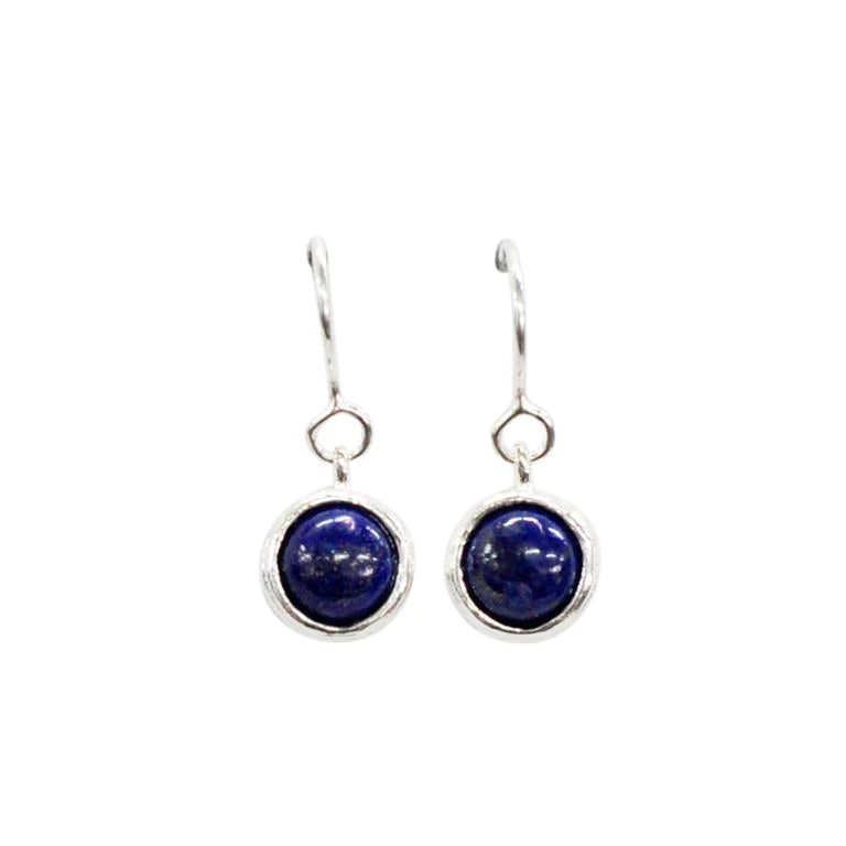 Pair of silver earrings with dark blue gemstones on a white background