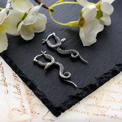 Oxidised Snake Drop Earrings - Sterling Silver