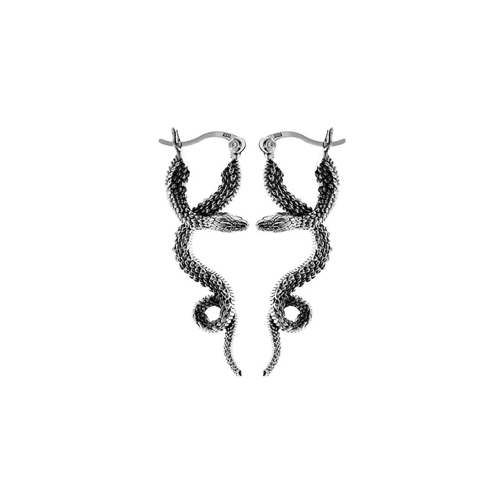 Oxidised Snake Drop Earrings - Sterling Silver