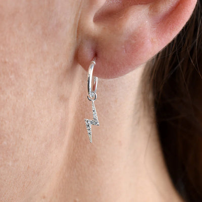 Silver Cubic Zirconia Lightening Drop Hoop Earrings