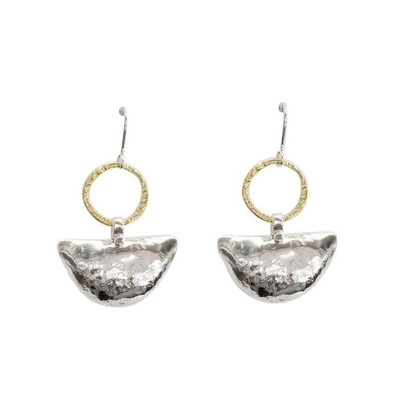 Pair of earrings with gold loops and silver half circles on a white background