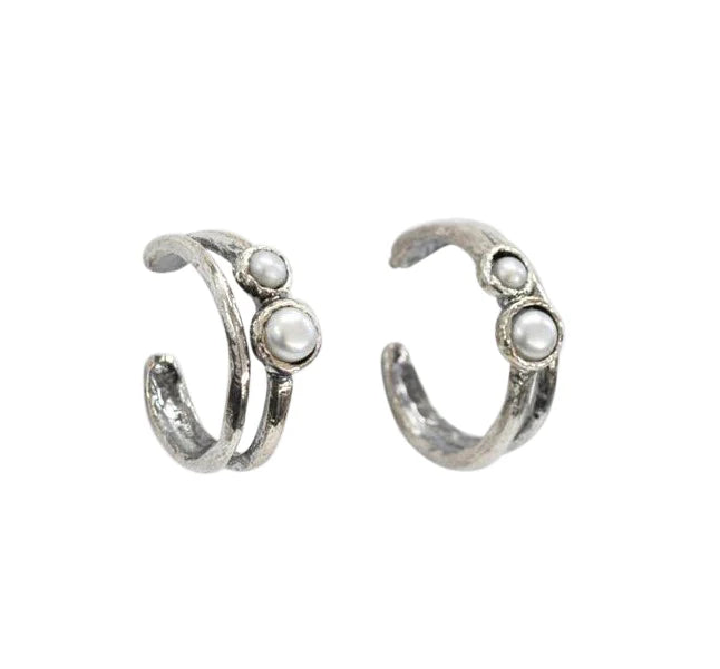 Sterling Silver Pearl Organic Half Hoop Earrings
