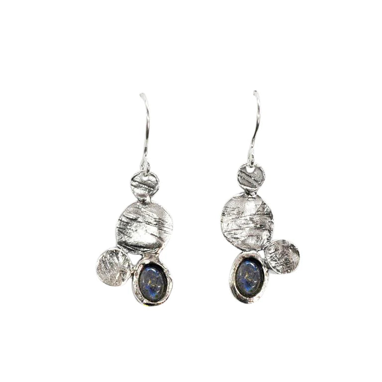 Silver earrings with labradorite  gemstones on a white background
