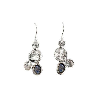 Silver earrings with labradorite  gemstones on a white background