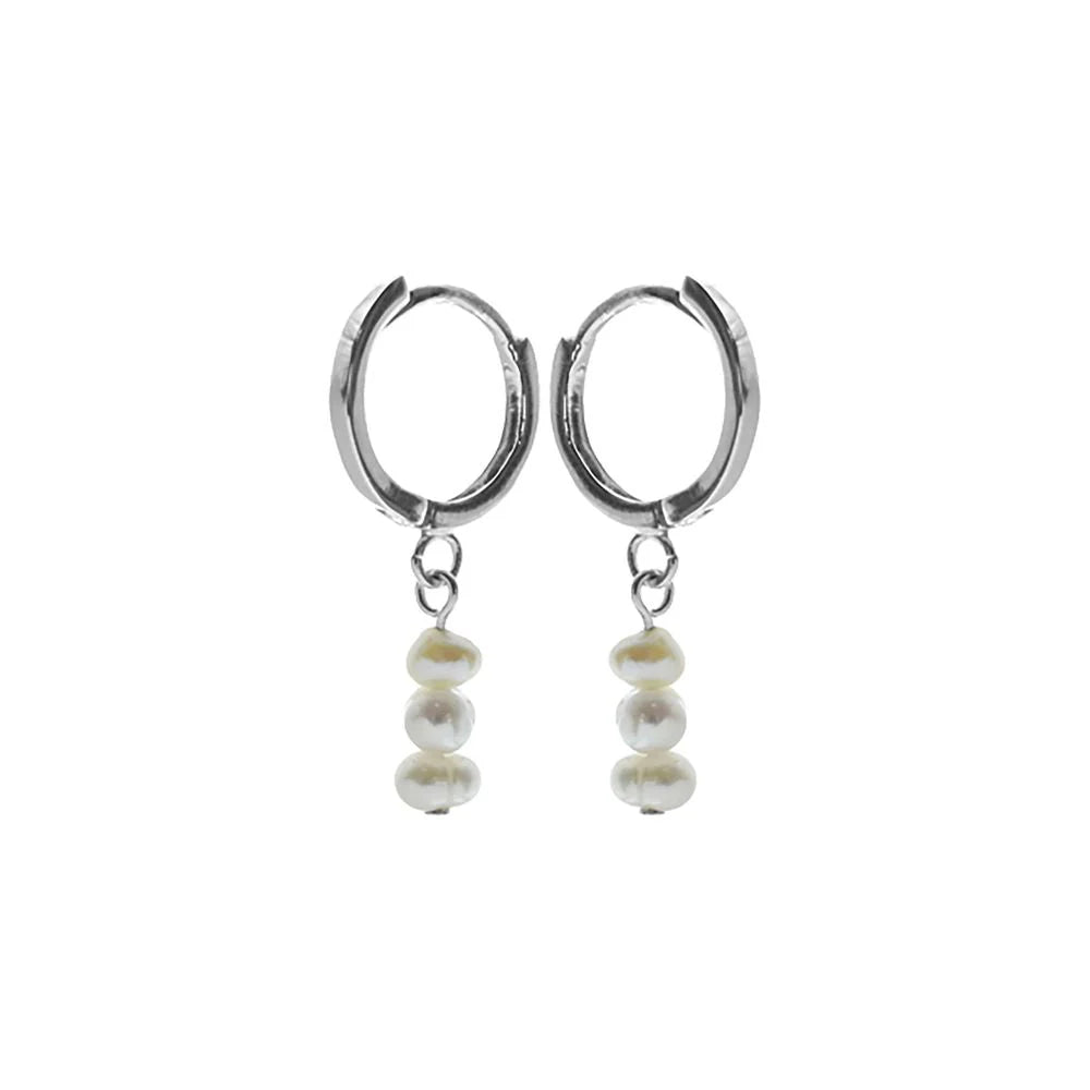 Sterling Silver Triple Drop Freshwater Pearl Huggie Earrings