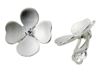 Silver and Cubic Zirconia Flower Clip Earrings - Rococo Jewellery